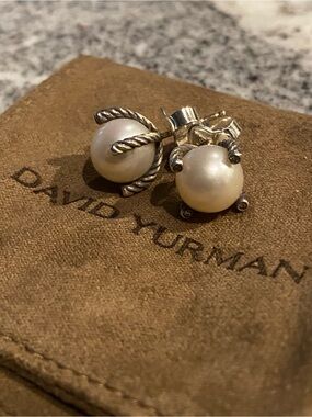 David Yurman Large White Pearl & Diamonds Cable Stud Earrings 14MM